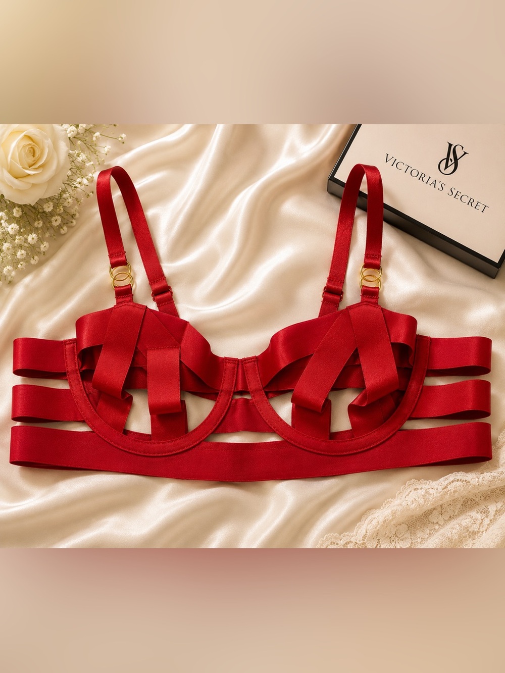 Victoria’s Secret 32B Red Strappy Cage Unlined Underwire Bra Gold